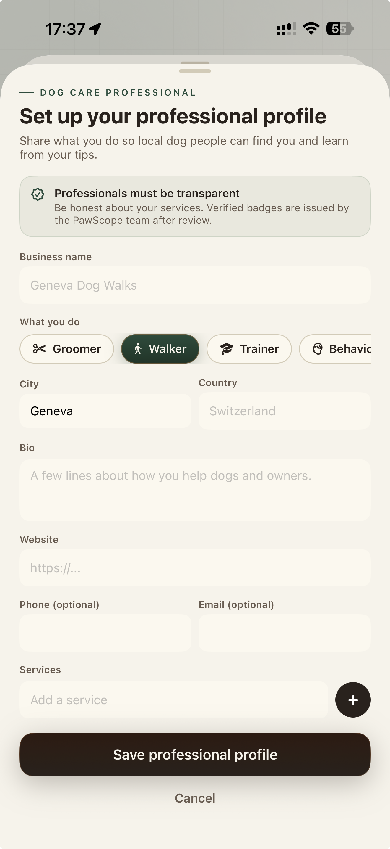 PawScope professional profile setup
